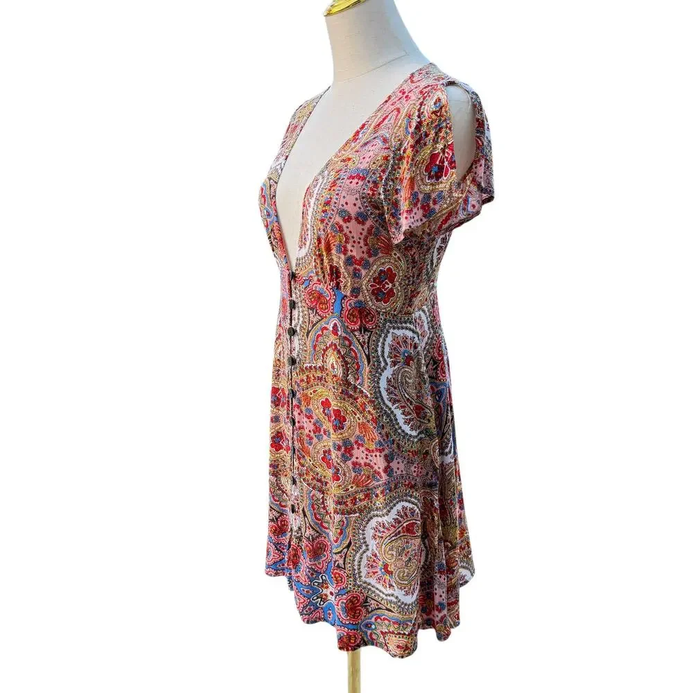 Cleobella Paisley Mini Dress Deep V Boho Multicolor Festival Dopamine Small - Picture 3 of 11